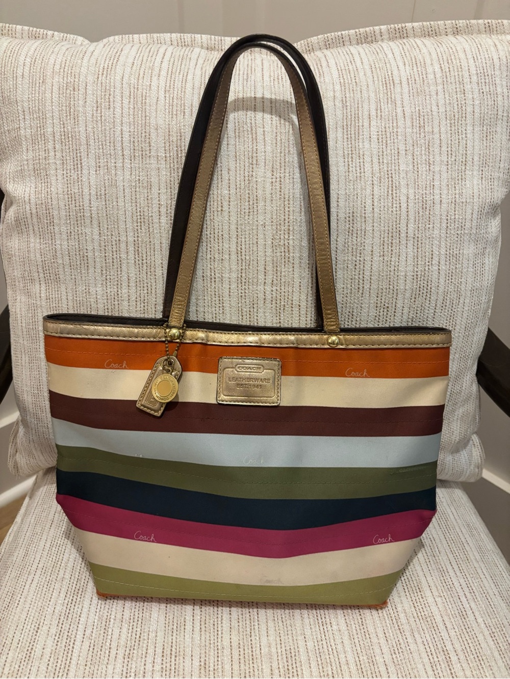 Coach Striped Canvas Tote in Orange, Pink, Olive, Navy & Cream
